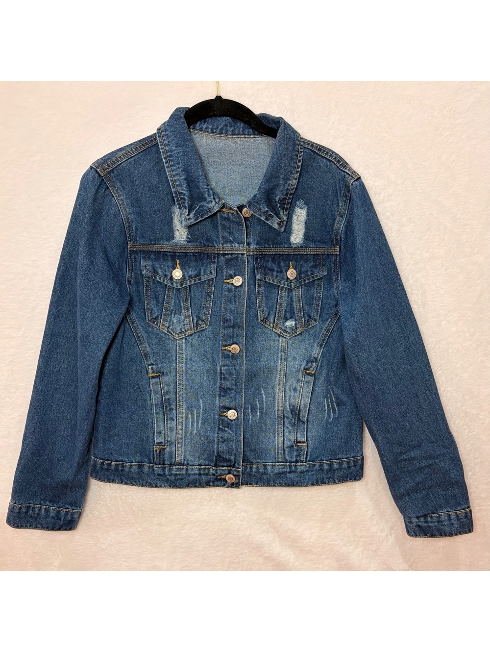 Womens Small Distressed Blue Denim Jacket Jean Trucker Button Front Casual 2000s